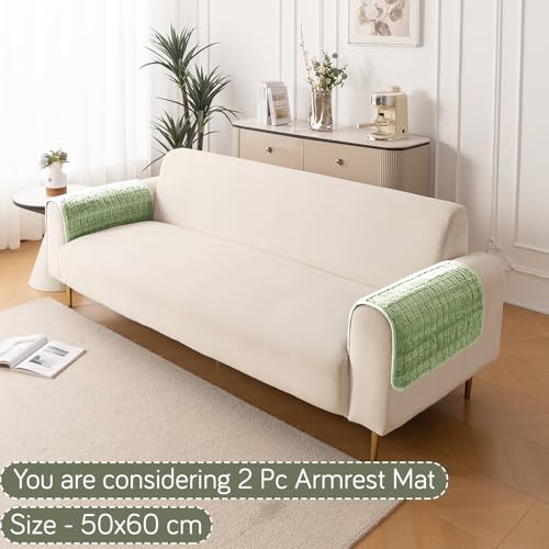 Image of HOKIPO 'Plush Haven' Premium Anti Slip Armrest Cover, Pastel Green, Pack of 2 (AR-5151-L-GRN*2)