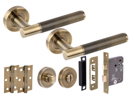 Hunta HANDLEZONE® Evo Knurled Grip Door Handles on Rose Bathroom Lock Pack with 76mm Lock, Standard Turn Set, 75mm Ball Bearing Hinges - Antique Bronze