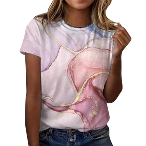 Image of CGGMVCG Graphic Tees for Women Marble Print Crewneck Tops Short Sleeve Round Neck T Shirts for Women (Z02 Pink, M)