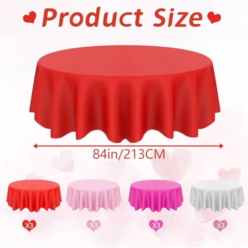 Image of 12 Pcs Valentine's Day Plastic Tablecloths, Disposable Round Red White Pink Table Cover 84 Inch Waterproof Table Covers for Valentine's Day Family Wedding Birthday Bridal Shower Party Decorations