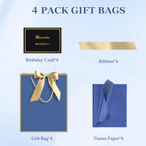 Image of JMANNI Gift Bags with Handles, 13 inch Medium Gift Bag for Presents, 4 Pcs Bags with 8 Tissue Paper and 4 Cards for Baby Shower Wedding Bridal Shower Mother's Day Birthday Party(Blue Gold)