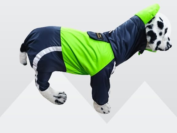 Bhumi Enterprises Dog Raincoats Rain Snow Coats Waterproof Clothing 4 Four Legs Raincoat Full-Cover Dogs Hooded Poncho(Neon Green -Navy Blue) (32) 2