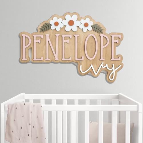 Personalized Nursery Name Sign, Custom Wooden Name Sign with Flowers,