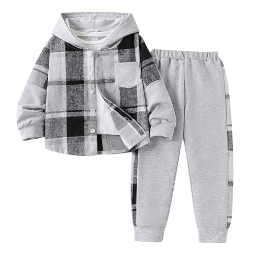 Boys Clothes Plaid Hooded Shirt 2pcs Outfit, Button Front Toddler Fall Winter Hoodie & Sweatpants Set, 4-8 years