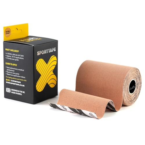 SPORTTAPE Extra Wide Kinesiology Tape 10cm x 5m - Beige | Extra Sticky, Waterproof, Hypoallergenic | Wide KT Sports Tape, Physio Tape for Muscle Injury & Lower Back | Uncut - Single Roll