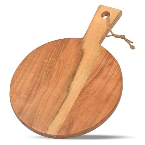 Samhita Round Acacia Wood Cutting Board with Handle for Chopping and Serving Charcuterie, Cheese, Pizza, Bread - Wall Décor ( 33.02cm X 22.86cm X 1.09cm) Cover