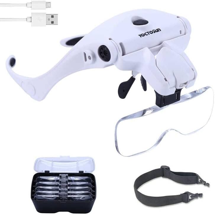 YOCTOSUN Magnifying Glass with Light, LED Head Magnifier 5 Lenses 1.0X-3.5X | Rechargeable Hands Free Headset Magnifying Glasses 2 Led, Jeweler's Loupe Light Bracket Headband Interchangeable