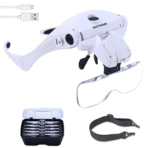 YOCTOSUN LED Head Magnifier Rechargeable Hands Free Headband Magnifying Glasses with 2 Led Professional Jewelers Loupe Light Bracket
