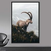 Framed Canvas Wall Art Goat Animals Expressive Farmhouse/Country Goat Living Room Multicolor Photography - 16x24 inches