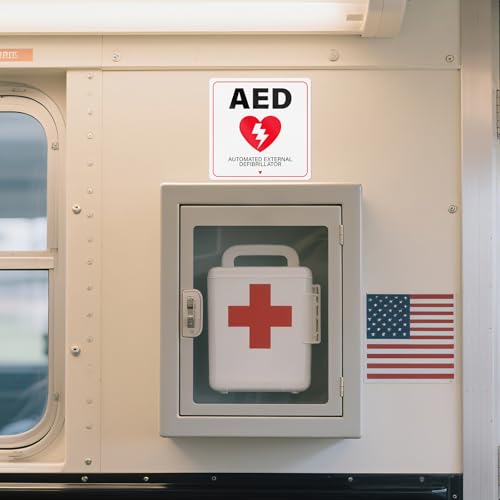 YIKIADA 10 PCS AED Stickers Automated External Defibrillator Sign 5 × 5 Inches Vinyl Waterproof Self Adhesive Fade Resistant Sticker for Home Cars Schools Businesses