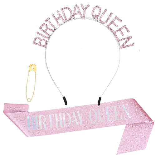TIESOME Geburtstagskrone Geburtstagsschärpe, Kristall Tiara Geburtstag Krone Queen Schärpe mit Birthday Queen Happy Birthday Zubehör für Frauen Feiern Party Abschlussball(Rosa)