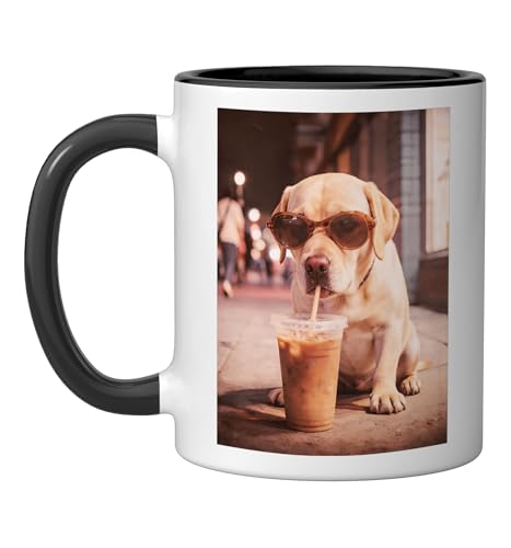 Cool Yellow Lab Sunglasses Iced Coffee Funny Dog Lover Mama Ceramic Mug, Black/White