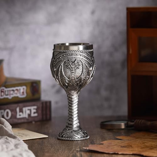 Jinei 2 Pcs Medieval Cups and Goblets Dragon Wine Goblet Chalice Goblet 7 oz Resin Dragon Cup Gothic Wine Glass Romantic Stainless Steel Drinking Cup for Medieval Party (Silver,Vintage Style)