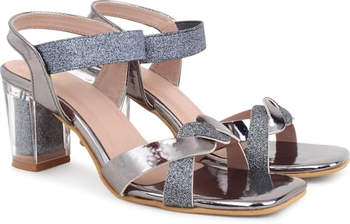Image of Action Women's Rose Gold Glitter Sandals| Clear Block Heel| Cross-Strap Design with Ankle Strap Bronze