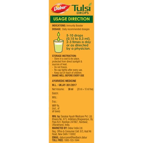 Image of Dabur Tulsi Drops- 50% Extra: Concentrated Extract Of 5 Rare Tulsi For Natural Immunity Boosting & Cough And Cold Relief: (20Ml +10Ml Free)