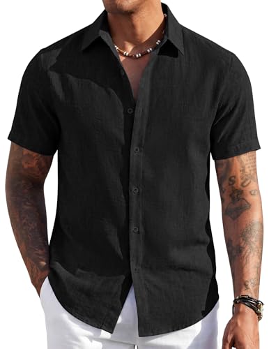 COOFANDY Men's Short Sleeve Button Down Shirt Casual Summer Beach Wedding Vacation Shirts, Black, XXL
