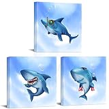 HOMEOART Blue Bathroom Decor Shark Fish Wall Art, Framed Canvas Artwork Kids Children Nursery Bathroom Wall Decor 12x12inchx3Pieces