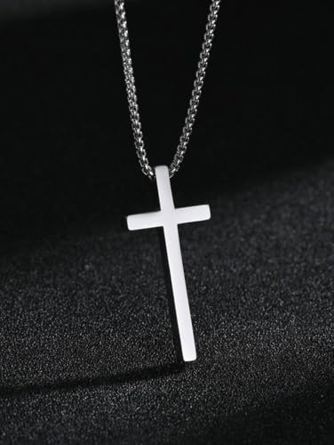 Image of Stainless Steel Cross Pendant Necklace for Men & Women | Silver Christian Cross Locket with Box Chain | Minimalist Religious Jewelry Gift