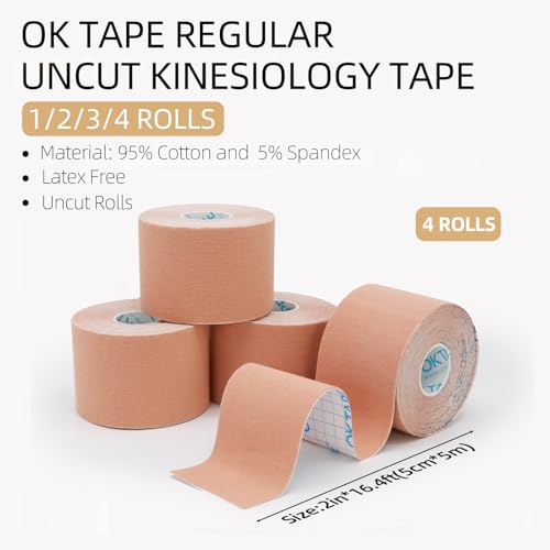 Image of OK TAPE Kinesiology Tape (4 Pack) Latex Free Cotton Uncut 2in x 16.4ft | Regular Original Elastic Water Resistant Therapeutic Athletic Tape for Support Muscle Joint Knee Injury Recovery Beige
