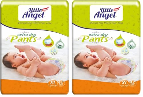 Image of Little Angel Extra Dry Baby Pants Diaper, Extra Large (XL) Size, 42 Count, Super Absorbent Core Up to 12 Hrs. Protection, Soft Elastic Waist Grip & Wetness Indicator, Pack of 2, Over 12kg