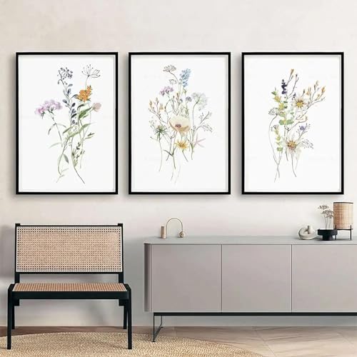 Peinture fleurs feuilles vertes style boho aquarelle sur toile de haute qualité 60x90cm