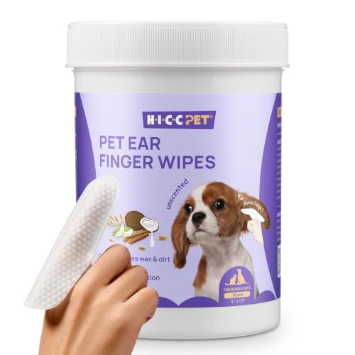 Image of HICC PET Ear Cleaner Finger Wipes for Dogs & Cats, Unscented, 50 Count | Removes Ear Dander, Dirt & Debris for Fresher Ears, Gentle Extra-Large Finger Wipes for Daily Ear Cleaning