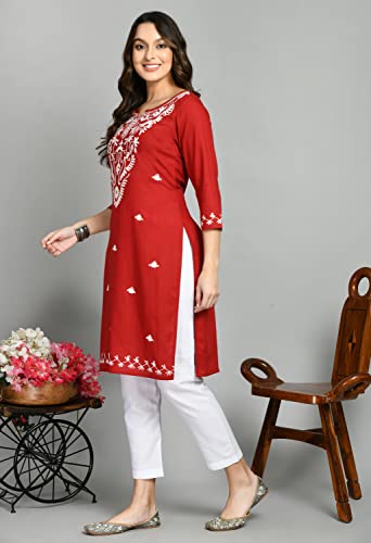 Image of QAZMI Women's Cotton Straight Embroidered Kurti (Aari Work)