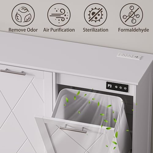 Image of Double Tilt Out Trash Can Cabinet with Charging Station, Negative Ion Odor Control, Hidden Dual 10-Gallon Recycling Cabinet, Dog Proof Garbage Can for Kitchen, Laundry, Dining Room,White