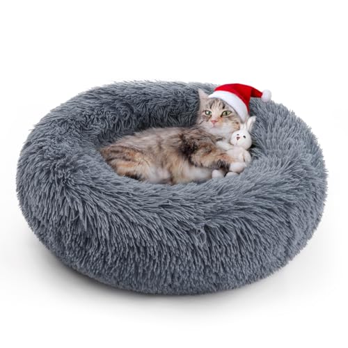 rabbitgoo Cat Beds for Indoor Cats, 20 inches Cat Bed Machine Washable, Fluffy Round Pet Bed Non-Slip, Calming Soft Plush Donut Cuddler Cushion Self Warming for Small Dogs Kittens, Dark Grey, Medium