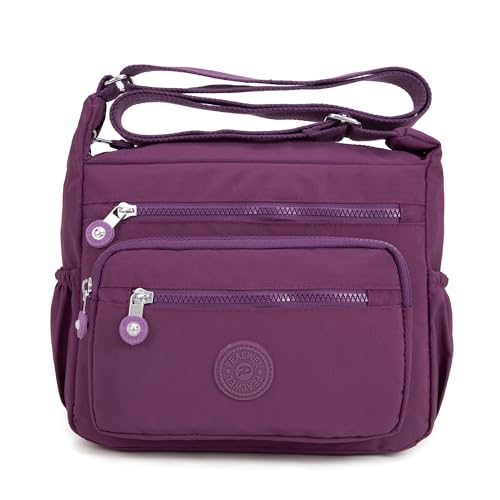 Pealwel Bolsa de ombro feminina espaçosa com vários bolsos, bolsa tiracolo feminina com alça superior, Roxa, Medium