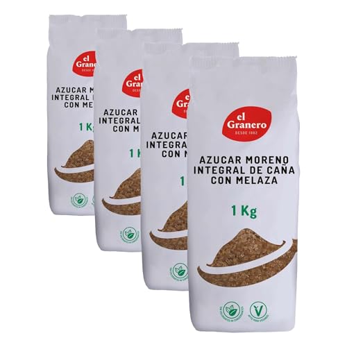 El Granero Integral - Azúcar Moreno Integral - 1 kg - Elaborado con Melaza de Caña - Rico en Vitaminas y Minerales - Ideal para Bebidas y Repostería - Apto para Veganos (Paquete de 4)