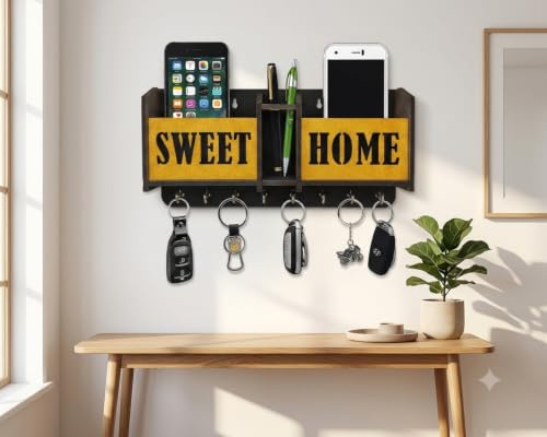 Image of Sweet Home Key Holder for Home Wall Stylish | Wooden Key Stand for Wall | MDF Key Hanger | Two Box to Charge Mobile | Pen and Keys Holder Stand for Office, Hall Living | Matte Finish