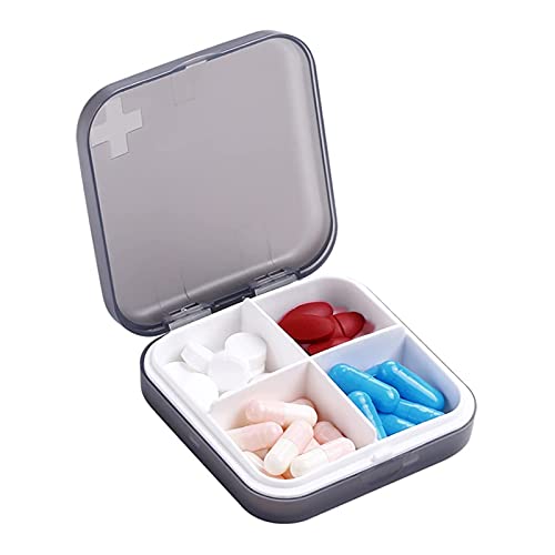 Boîte à pilules portable - Petite boîte à pilules - Pour sacs à main et sacs - Excellente boîte de rangement - 4 compartiments (gris) Cover