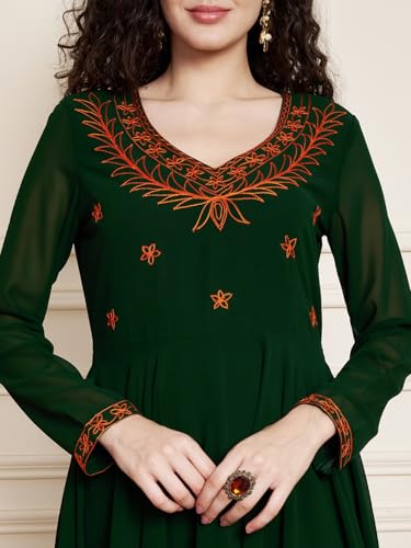 Image of Poshak Hub Women Green Ethnic Motifs Aari Work Georgette Anarkali Kurta