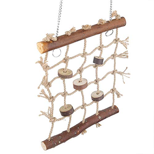 Image of Bird Rope Climbing Net Swing Hanging Toy Bird Swings Net, Wooden Ladder Swing Hammock with 2 Hooks and Woven Rope for Finches Climbing Chewing Pet Cage Hanging Toy
