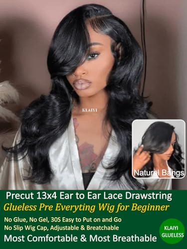 Image of KLAIYI Loose Body Wave Pre Everything Glueless 13x4Lace Front Wig Human Hair Drawstring Precut Lace Pre Plucked Bleached Bye Bye Knots 3S Ready to Wear and Go Wig with Face Framing Curtain Bang 20Inch