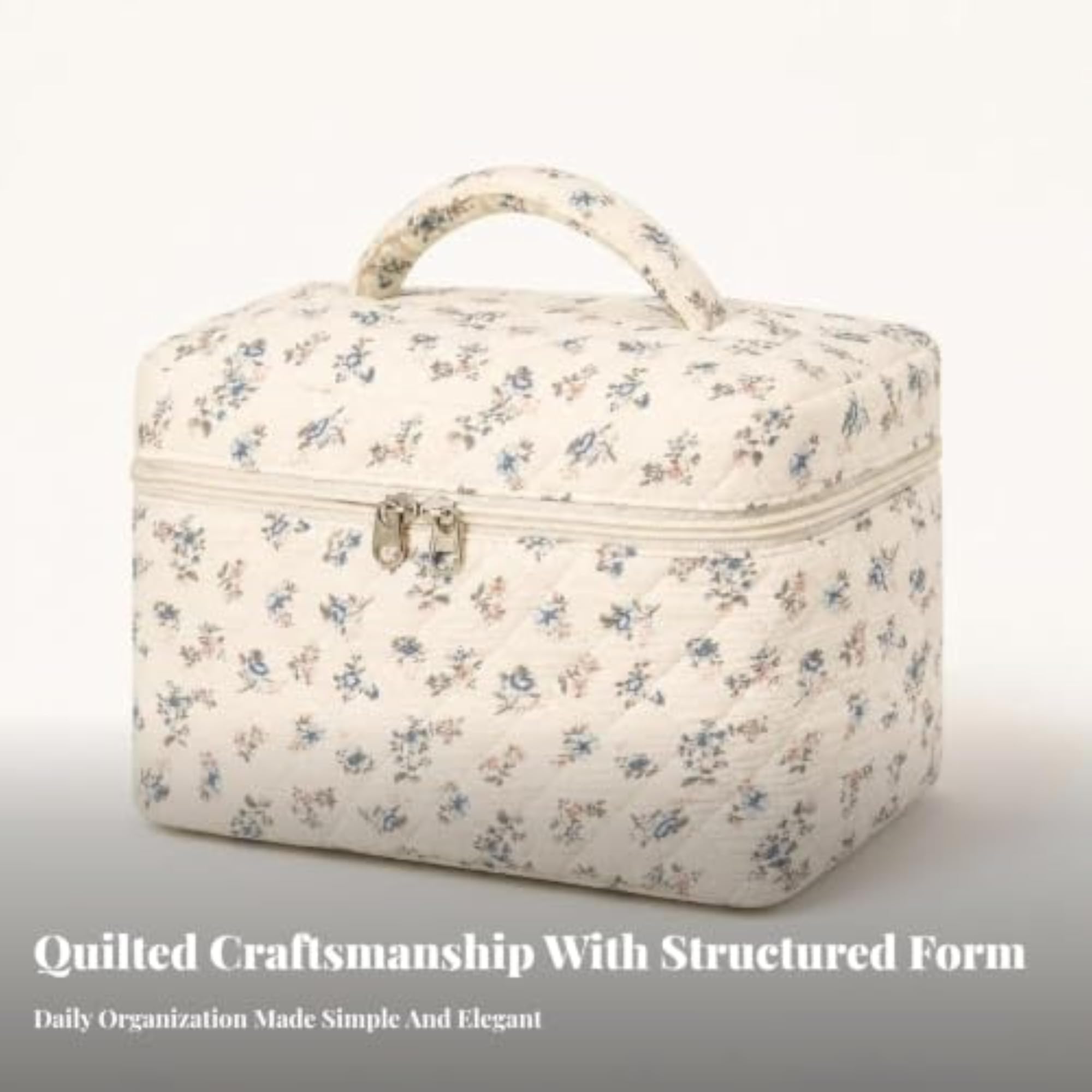 Lightweight Quilted Makeup Bag Zippered Cosmetic Bag with Handle, Pink
