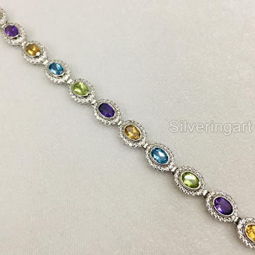 Multi Color Bracelet, 925 Sterling Silver Bracelet, Natural Multi Gems, Cz Bracelet, Womens Bracelet, Handmade Bracelet, Natural Amethyst Peridot Citrine Topaz, Chakra Bangle, Christmas, Thanksgiving #TOP2