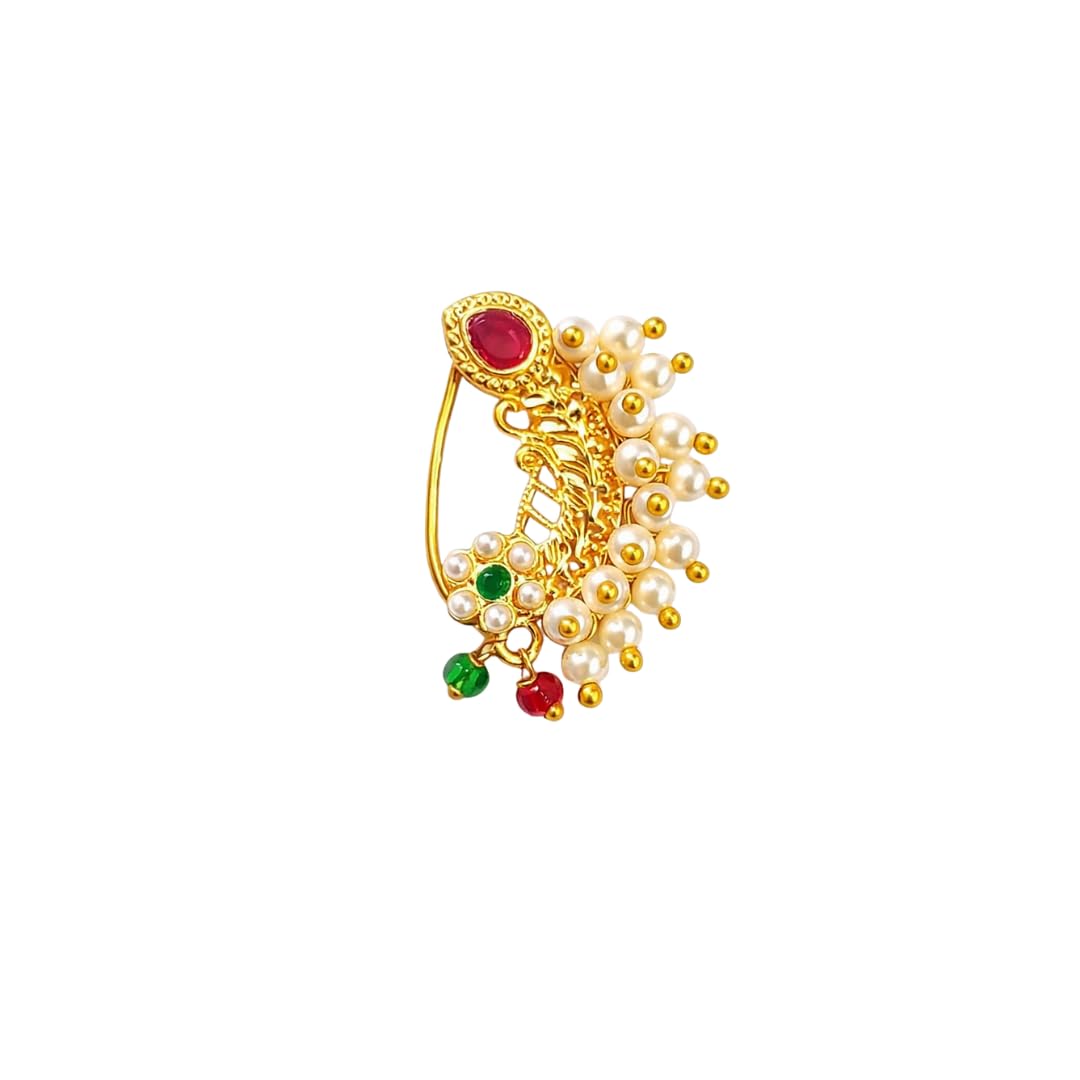 Traditional Gold-Plated Pearl & Stone Nose Pin (Nath) for Women | Ethnic Bridal Maharashtrian Style Nose Ring | Lightweight Fashion Jewelry-picture-53