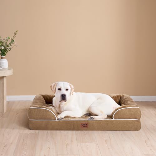 EHEYCIGA Orthopädisches Hundebett Grosse Hunde, 112x81cm, Memory Foam Hundekorb XL, Waschbar Hundesofa Wasserdicht rutschfest, Hundecouch mit Hohem Rand, Kamel