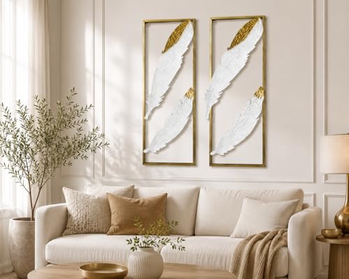 Image of iHandikart Metal Wall Art for Living Room, Set of 2 Feather Wall Decor Panels, Modern Luxury Iron Wall Sculpture, Gold White Wall Hanging for Home Decor, Bedroom, Hallway & Office, 36 * 12 inch Each