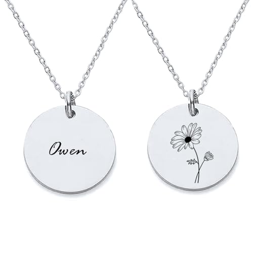 HUAN XUN Personalized Owen Necklace for Women Custom Engraved Birth Month Flower Disc Necklace Customized Floral Pendant Initial Name Necklaces Jewelry for Birthday Mother Day
