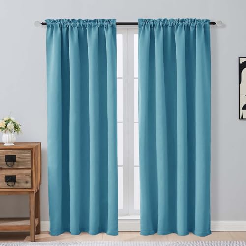 Image of Turquoise Blackout Curtains for Bedroom 72 Inch Length 2 Panels Set, Thermal Insulated Curtains for Living Room Nursery, Dual Rod Pocket Window Drapes for Patio French Door Front Door, 2x40Wx72L