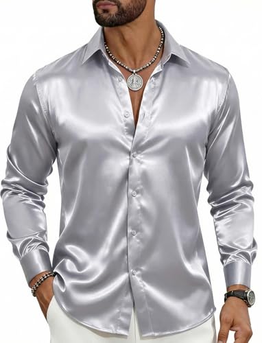 Barry.Wang Mens Silver Silk Satin Dress Shirts Shiny Luxury Long Sleeve Button Down Shirts Formal Casual Disco Wedding