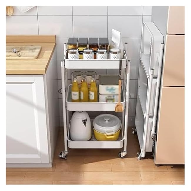 Storage Trolley,Utility Cart Rolling Cart Kitchen Storage Cart 3 Tier Folding Trolley with Wheeled Metal Kitchen Storage Cart Rolling Cart Utility Cart(White)-fQ7pSq0s