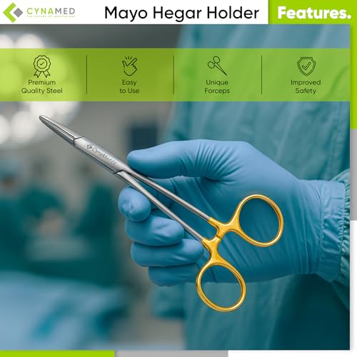 Cynamed TC Mayo Hegar Needle/Suture Holder Driver with Tungsten Carbide Inserts and Gold Rings - Premium Grade Instrument (8 in.)