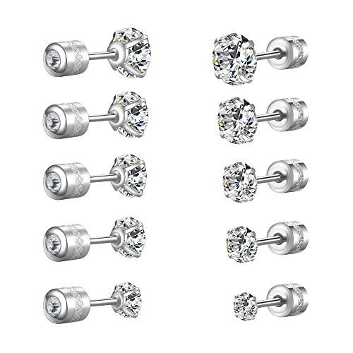 Titanium Surgical Steel Cubic Zirconia Screw Back Stud Earrings for Women Men Multipack Small Dainty Simulated Diamond CZ Studs Earring Set Hypoallergenic for Sensitive Ears Lobe Cartilage Helix