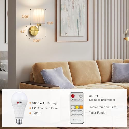 Image of Operated Wall Sconce Set of 2, 6500mAh Rechargeable Wall Sconces Operated Light Dimmable Powered Wall Lights with Black Gooseneck for Bedroom Living Room