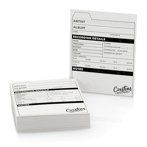 Carstens Records Vinyl Record Catalog Cards – 4 x 5.25 Inches, White, Pack of 100 – Printed Collector Cards, Double-Sided – Vinyl Record Accessories for Collectors