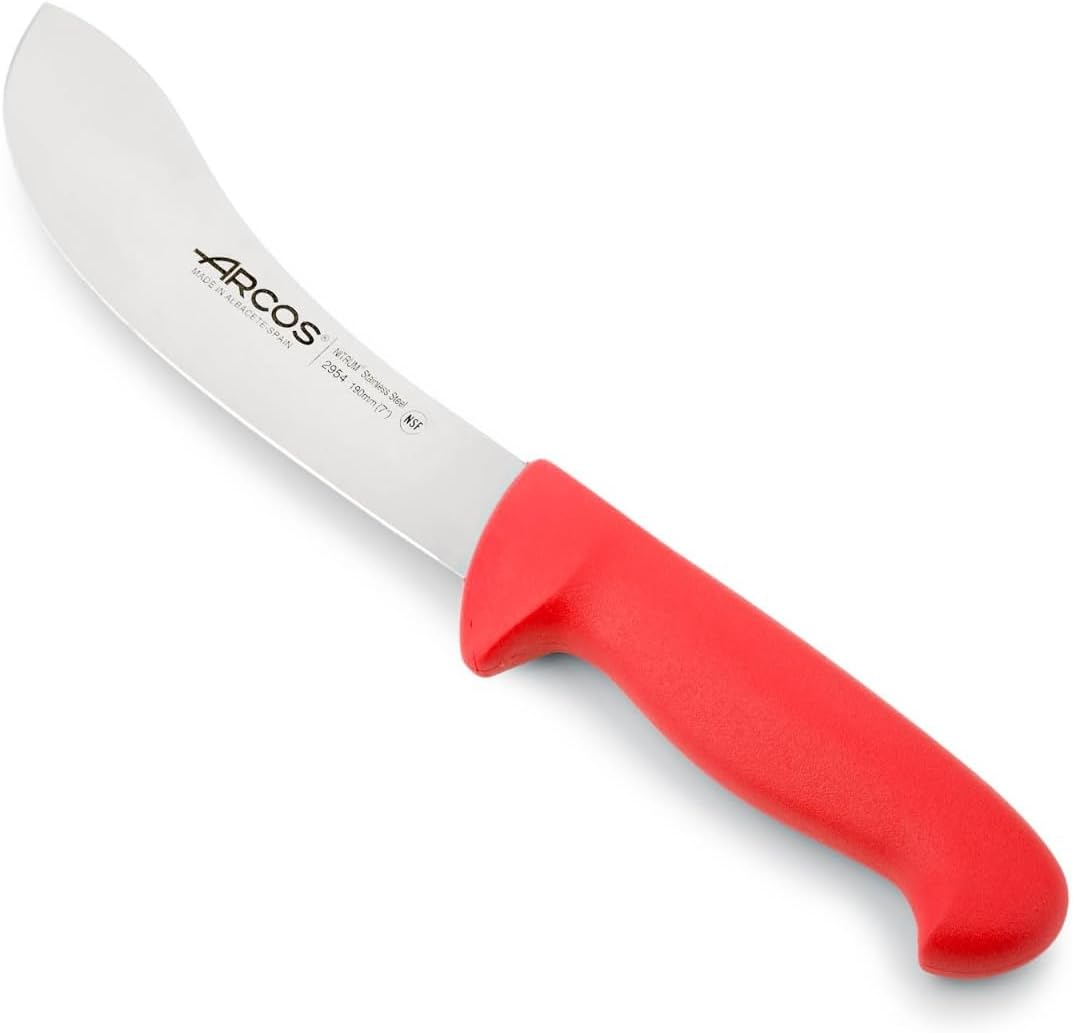 Arcos Skinning Knife 7 Inches Nitrum Stainless Steel and 190 mm blade. Designed for skinning all types of meat. Ergonomic Polypropylene Handle. Series 2900. Color Red Weight 226 gr